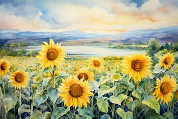 Fototapeta premium Blooming fields with yellow sunflowers, watercolor illustration