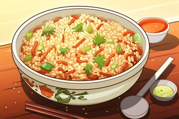 Chinese fried rice with spices and peas, herbs and sauce,vegetables in a bowl, illustration