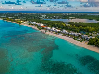 Stoff pro Meter Seven Mile Beach, Grand Cayman 7 Seven Mile Beach Grand Cayman Cayman Islands pristine turquoise blue water white sand Caribbean sea Atlantic ocean hotels beachfront villas condos sunrise sunny day sky and clouds lush greenery