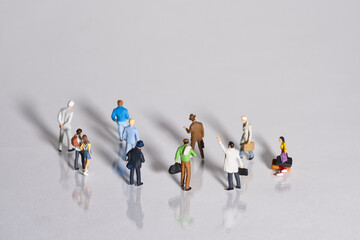 different people on a white background with shadows, miniature figures scene