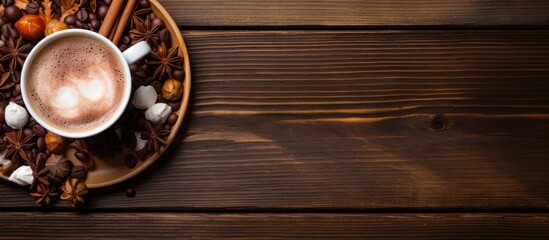 Top view of a delicious hot chocolate with toppings on a wooden table. - Powered by Adobe