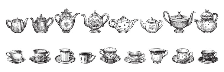 Set hand drawings of collection of various porcelain teapots and cups, saucers isolated on white