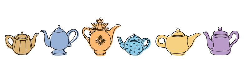 Vector outline illustration of collection different shape teapots, drawings isolated on white background