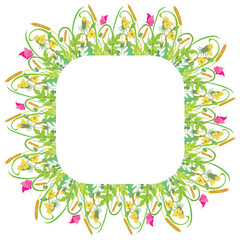 Vector floral square greeting card with border from pink butterflies, green grass, ears of wheat, dandelions, different plants 