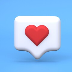 Lovely heart icon on speech bubble. 3D render for social media. Red message box for comments. Valentine Day sign on blue background.