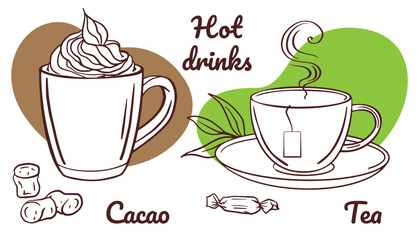 Hot winter drinks cup, mug. Hand drawn illustration decoration for cold days. Christmas winter mood doodle vector Mug with cocoa, tea, coffee, sweets. Concept for cafe, poster, recipes, social media
