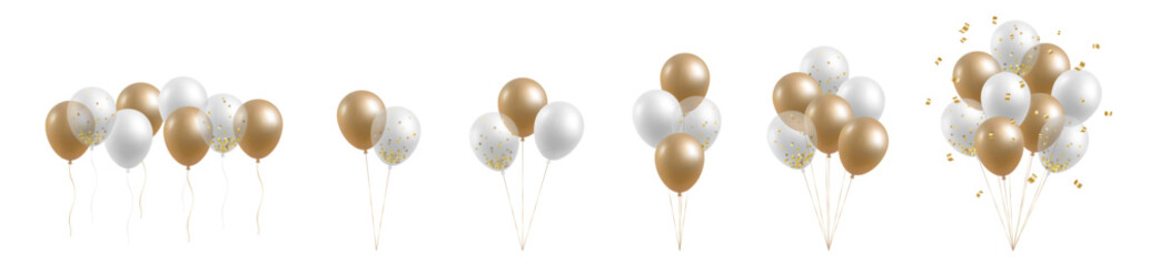 3D realistic helium transparent balloons set. Isolated on white background. Opening, Card, Party, Flyer, Poster, Decor, Banner, Web, Advertising. Glossy metallic golden ballon. Vector illustration. - obrazy, fototapety, plakaty