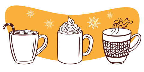 winter drinks set. Hand drawn cap illustration for cozy winter theme. Christmas mood doodle vector Mug with cocoa, tea, coffee, cocktail. Concept for cafe, poster, recipes, social media banner