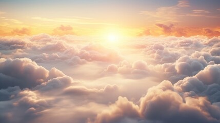  the sun shines through the clouds as it rises above the clouds in the sky in this photo taken from a plane. - obrazy, fototapety, plakaty