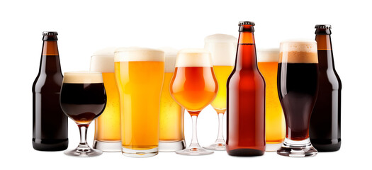 Set of Beer glasses and bottles on a white background. Mugs with drink like Ipa, Pale Ale, Pilsner, Porter or Stout