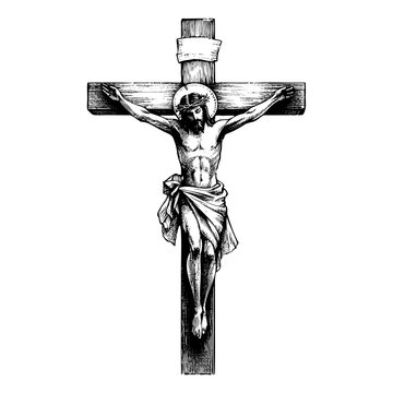 Crucifix cross with jesus sketch hand drawn engraved style religion Vector illustration