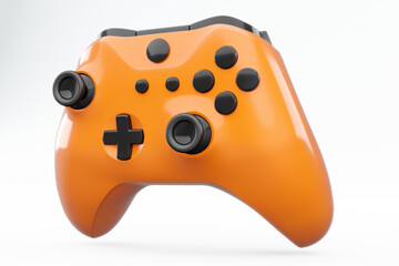 Realistic orange video game joystick or gamepad on white background