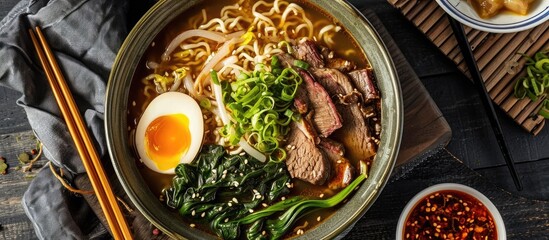 Top view of classic ramen soup with brisket, spinach, and egg.