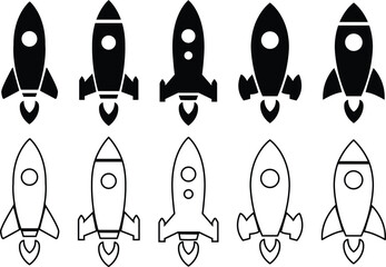 Rocket launch icon in flat, line set isolated on transparent background Startup Rocket ship with fire, Flying rocket Space travel. Project start up sign. Creative idea symbol. vector for apps, web