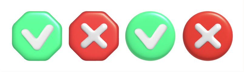 Fototapeta premium 3d rendering of green check mark and red cross with round and hexagonal shape. Vector illustration of right and wrong button