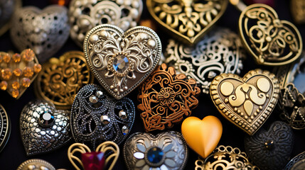 Exquisite collection lockets and pendants in silver and gold tones with intricate filigree work and elaborate patterns in heart shape on dark background. Vintage romance Jewelry, timeless elegance - obrazy, fototapety, plakaty