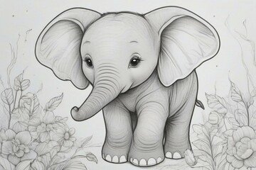 Cute elephant hand drawn coloring book page illustration