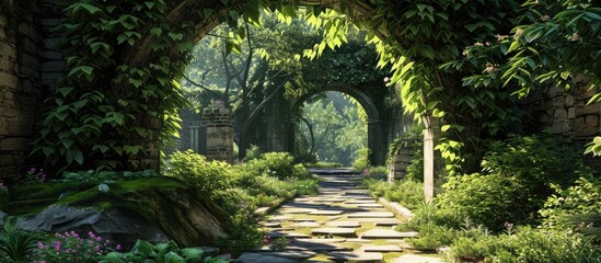 Garden with ivy-covered stone arch entrance wall.