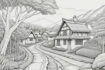 Villages hand drawn coloring book page illustration