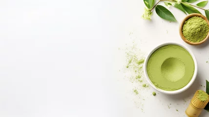 Kussenhoes cup of green tea with matcha tea powder on light background © Vahagn