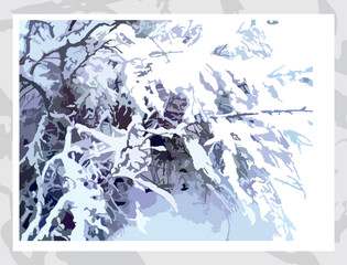 Beautiful laconic winter background for interiors or posters. Snow-covered branches of a tree or bush in cold tones for prints and fabric products, wallpaper and textiles, covers, postcards, etc.