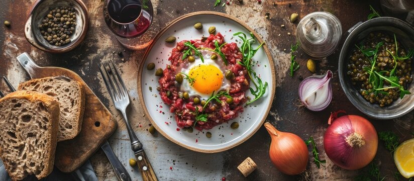 Top-down view of steak tartare with raw yolk, gherkins, capers, rye bread, onions, red wine, and fork on textured backdrop, ready for captions.