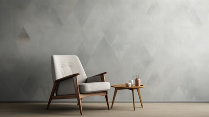  a chair and a table in front of a wall with a geometric pattern on it and a table with a vase on it.