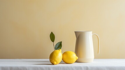  two lemons sitting on a table next to a white pitcher and a green leaf on a white tablecloth.