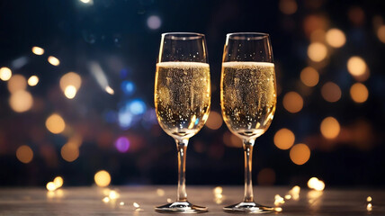 Two champagne glasses and rose flowers, against holiday bokeh lights, events and celebrations concept	
