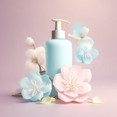 Fototapeta na wymiar Light blue cosmetic bottle mockup with flowers. Feminine and stylish design in pastel colors. Beauty and cosmetic industry branding. Luxury cosmetic package mockup. 