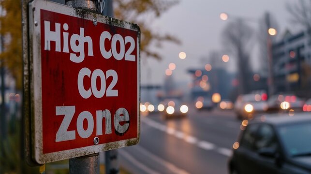 Environmental Concern in Urban Spaces: 'High CO2 Zone' Sign Warning of Pollution in the City