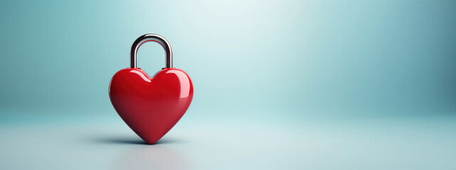 Love's Eternal Commitment: Glossy Red Heart Padlock on Blank Blue Background - obrazy, fototapety, plakaty