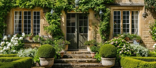 Green topiary garden in front of an English country house with stone patio doors, surrounded by white climbing plants; flower vase displayed.