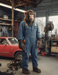 Fototapeta na wymiar Anthropomorphic monkey mechanic in the garage stands next to the car
