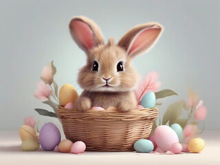 Cute fluffy Easter Bunny with many colorful easter egg