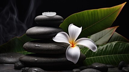  a white flower sitting on top of a pile of rocks next to a pile of rocks with a white flower on top of it.