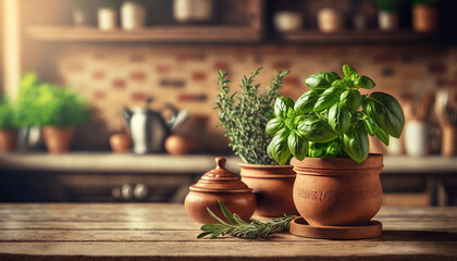Rosemary, thyme, basil in clay pots on a wooden counter. A retro-style kitchen in the background....