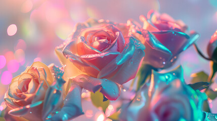 Minimal surrealism background with roses in pastel holographic colors with gradient - obrazy, fototapety, plakaty