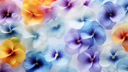  a close up of a bunch of flowers with many colors of purple, blue, yellow, and orange on a white background.