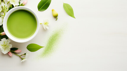 cup of green tea with matcha tea powder on light background