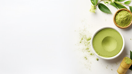 Obraz na płótnie Canvas cup of green tea with matcha tea powder on light background