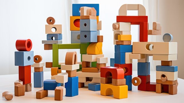  a pile of multicolored wooden blocks sitting on top of a table next to a pair of scissors and a tape dispenser.