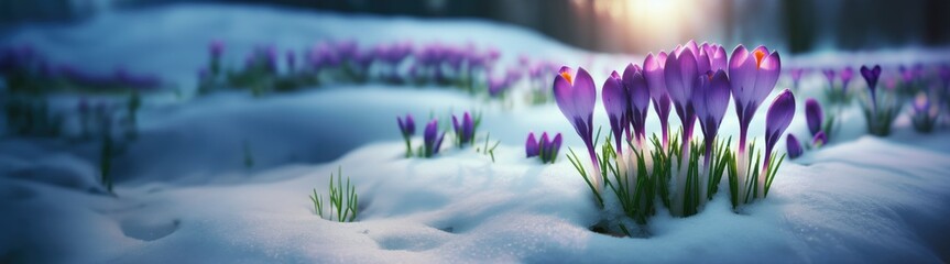 Crocus Purple spring flower growth in the snow with copy space for text. Floral wide panorama....