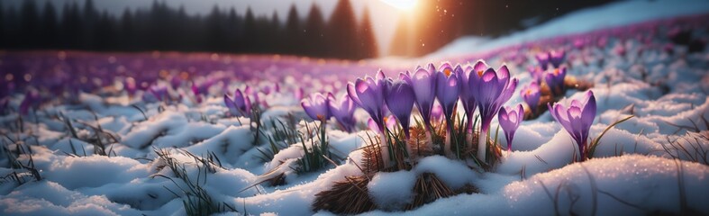 Crocus Purple spring flower growth in the snow with copy space for text. Floral wide panorama....
