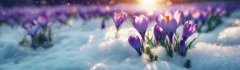 Zelfklevend Fotobehang Crocus Purple spring flower growth in the snow with copy space for text. Floral wide panorama. Crocus Iridaceae © Евгений Гончаров