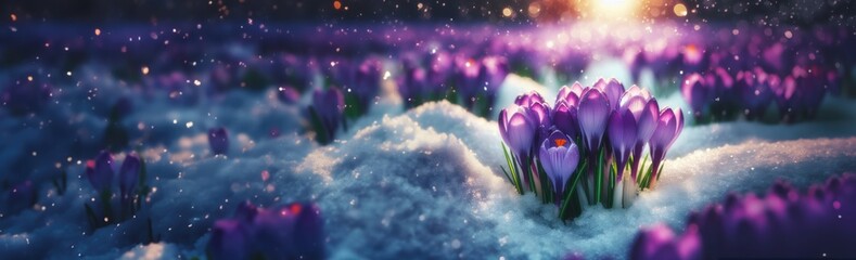 Crocus Purple spring flower growth in the snow with copy space for text. Floral wide panorama. Crocus Iridaceae - obrazy, fototapety, plakaty