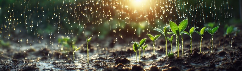 young plants growing on the ground in the rain save lives, banner - obrazy, fototapety, plakaty