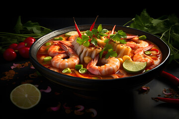 Tom Yum Kung Spicy Thai soup with shrimp in a bowl on a table with raw tomato and lemon