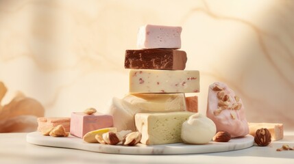  a stack of different types of soaps on a plate with nuts and almonds on the side of the plate.