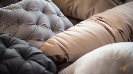  a group of pillows sitting on top of each other on top of a couch in front of a wooden table.